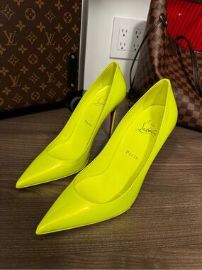 Christian Louboutin Neon Yellow Patent Pointed Toe Pumps with Red Sole
